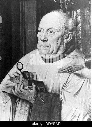 Medicina, oftalmologia, canon van der Paele con occhiali, pittura di Jan van Eyck (circa 1390 - 1441), 'Vergine e Bambino con Canon van der Paele', dettaglio, 1436, Musee Communal des Beaux Arts, Bruges, , diritti aggiuntivi-clearences-non disponibile Foto Stock