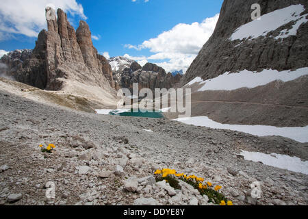 Torri di Vajolet con capanna gartl, Dolomiti, Alto Adige, Italia, Europa Foto Stock