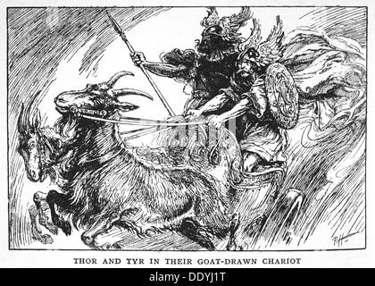 "Thor e Tyr nella loro Goat-Drawn Chariot", 1925. Artista: sconosciuto Foto Stock