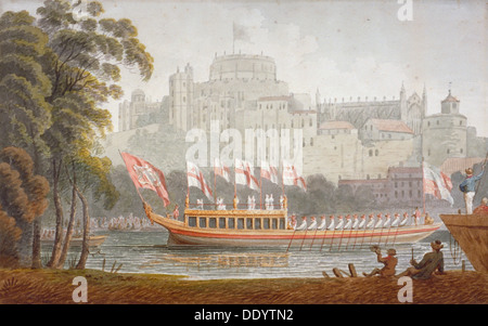 City of London State Barge movimento verso il fiume Tamigi, Windsor, Berkshire, 1812. Artista: Anon Foto Stock