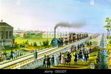 Apertura della prima linea ferroviaria da San Pietroburgo a Pavlovsk, Russia, 1.830 s. Artista: maestro russo Foto Stock