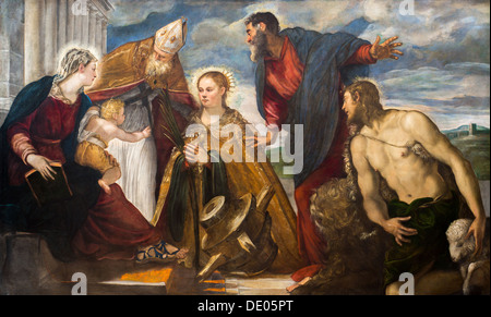 Xvi secolo - la Vergine con il bambino e Santa Caterina, Sant'Agostino, San Marco e San Giovanni Battista, 1550 - Tintoretto Foto Stock