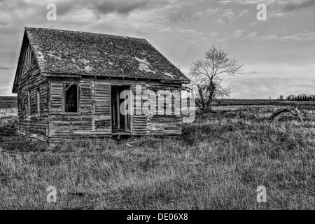 HDR foto in bianco e nero di abbandonati, weathered vecchio e rustico casa rurale con porticato e versato. Pioneer home falling apart Foto Stock