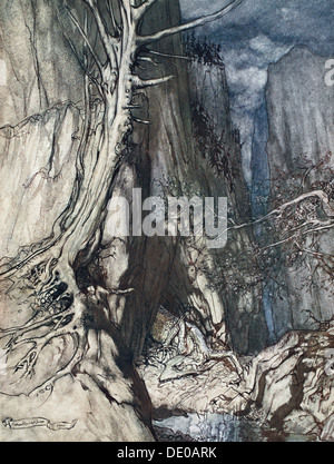 "Vi è un timore Dragon egli soggiorni e in una grotta continua a vegliare su di Alberich dell anello", 1910. Artista: Arthur Rackham Foto Stock