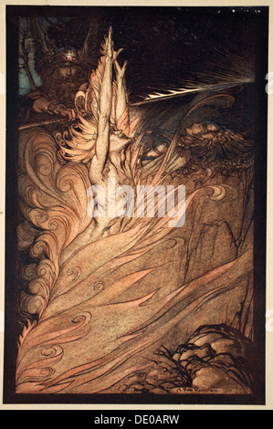 'Appaiono, sfarfallio fire, circondano la roccia con la tua fiamma! Loge! Loge! Appaiono!", 1910. Artista: Arthur Rackham Foto Stock