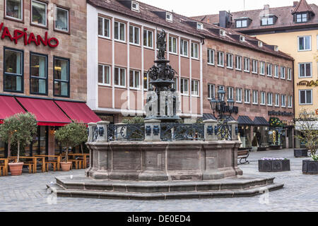 Tugendbrunnen, Fontana di virtù, di fronte la chiesa di San Lorenzo, costruita da Benedikt Wurzelbauer tra 1584 e 1589 Foto Stock