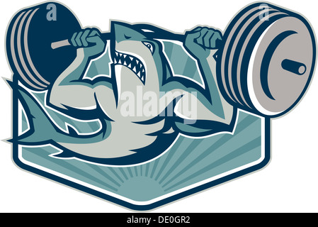 Illustrazione di un squalo weightlifter sollevamento pesi barbell visto dal lato anteriore fatto in stile retrò. Foto Stock