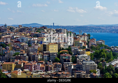 Vista sui tetti di Besiktas e Beyoglu verso il Bosforo, come si vede dalla Torre di Galata, Kuelesi, Istanbul, Turchia Foto Stock