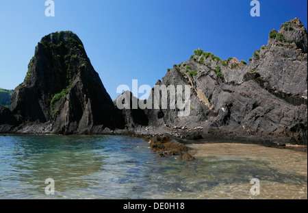 Formazione di roccia, costa atlantica vicino a ondarroa, Paesi Baschi, Spagna settentrionale, Spagna, Europa Foto Stock