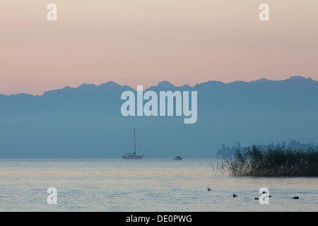 La mattina presto umore nel porto di Guettingen, Lago di Costanza, Svizzera, Europa, PublicGround Foto Stock