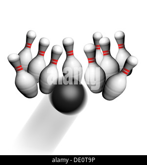 Bowling pin hit e spaccate da una palla in movimento Foto Stock