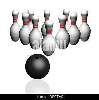 Perni di bowling e la sfera impilati insieme prima che il gioco Foto Stock