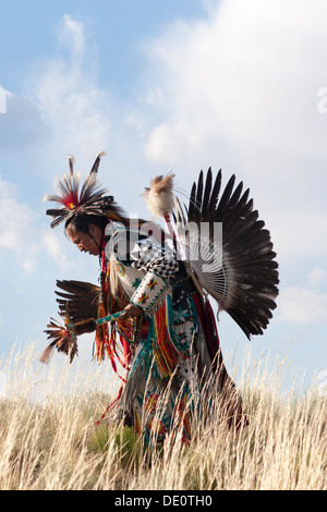 L'uomo nativo americano indossa il costume tradizionale Cheyenne, danzando nel deserto Foto Stock