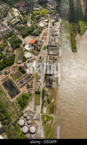 Vista aerea, porto di Wesel con parete quay, la bocca del fiume Lippe, Wesel, la zona della Ruhr, regione del Basso Reno Foto Stock