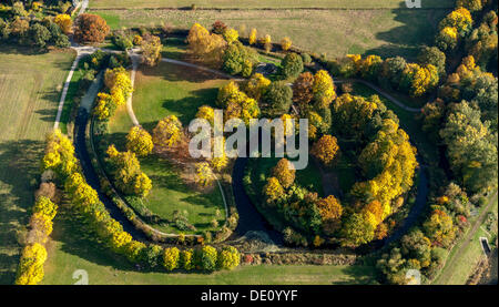 Vista aerea, Burghuegel Mark, castle hill, origine della città di Hamm, Hamm, la zona della Ruhr, Renania settentrionale-Vestfalia Foto Stock