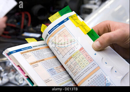 Lavorando con un libro di riferimento, programma professionale per un automotive ingegnere meccatronico nel 2° anno di tirocinio Foto Stock