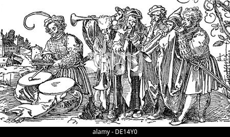 Musica, musica del gruppo, banda con trombe e bollitore tamburo, incisione su rame di Albrecht Dürer, Norimberga, circa 1515, artista del diritto d'autore non deve essere cancellata Foto Stock