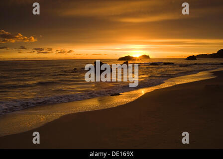 Alba alla spiaggia di Es Figueral, Ibiza, Spagna, Europa Foto Stock