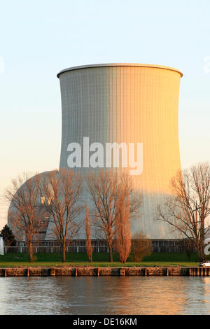 Torre di raffreddamento e cupola del reattore nel sole di sera, Biblis centrale nucleare sul Reno, Bergstrasse, Hesse in Germania, Europa Foto Stock