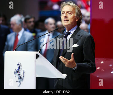 Francoforte, Germania. Decimo Sep, 2013. Il presidente della Ferrari Luca Cordero di Montezemolo, parla nel corso di una conferenza stampa durante la giornata della stampa al Salone di Francoforte (IAA) di Francoforte, Germania, 10 settembre 2013. Una delle più importanti mostre di auto in tutto il mondo, Frankfurt Motor Show sarà aperto ufficialmente il 12 settembre dal Cancelliere tedesco Angela Merkel, in esecuzione fino al 22 settembre 2013. Foto: FRANK RUMPENHORST/dpa/Alamy Live News Foto Stock