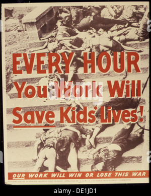 Questo poster di propaganda americana dell'era della seconda guerra mondiale sottolinea l'importanza del lavoro di ogni cittadino nello sforzo bellico, sottolineando che ogni ora di lavoro può salvare vite umane e influenzare l'esito della guerra. Foto Stock