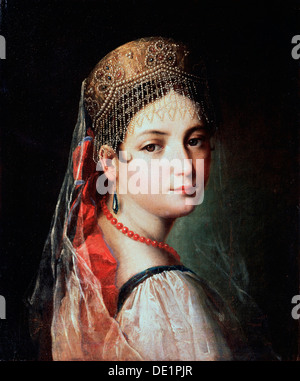 " Ritratto di una giovane donna in Sarafan e Kokoshnik', 1820s. Artista: Mauro Gandolfi Foto Stock