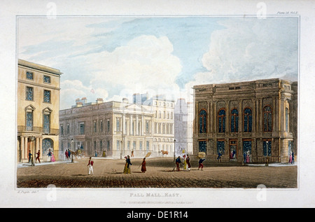 Vista di Pall Mall Oriente, Westminster, Londra, 1827. Artista: Anon Foto Stock