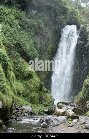 Una cascata precipita su una rupe in un canyon al Peguche Cade vicino alla città di Otavalo, Ecuador Foto Stock