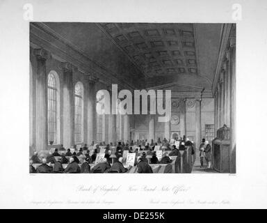Vista interna dei cinque Pound Nota Office presso la Banca d'Inghilterra, la città di Londra, c1840. Artista: Harlen Melville Foto Stock