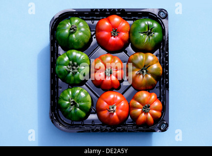 Rosso e i pomodori verdi in un nero vassoio di plastica Foto Stock