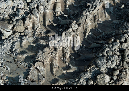 Le vie di un escavatore in suolo sabbioso in un cantiere edile a Fridolfing, Bavaria Foto Stock