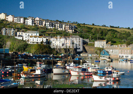 La luce del sole si illumina di giallo, blu e bianco barche ormeggiate in un Cornish villaggio di pescatori nelle prime ore del mattino. Foto Stock