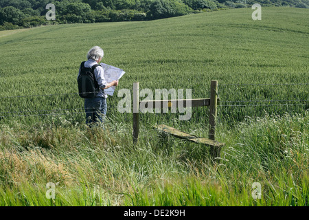 Dove si trova il sentiero andato? Un sentiero percorso segnato dritto sul montante verticale, attraverso un campo coperto da colture. East Sussex. Foto Stock