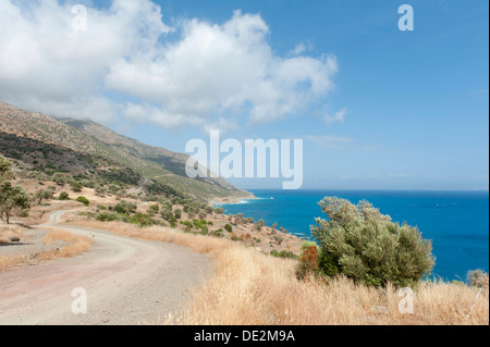 Lonely strada costiera, costa frastagliata, strada di ghiaia tra Agios Pavlos e Agia Galini, nei pressi di Triopetra, Creta, Grecia, Europa Foto Stock