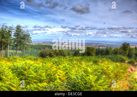 Vista da Quantocks Somerset Inghilterra viste verso il canale di Bristol in colori vivaci con HDR e cloudscape Foto Stock