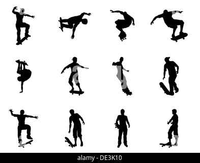 Pattinaggio guidatore di skateboard silhouette contorni. Skateboarders eseguendo un sacco di trucchi sulle proprie schede Foto Stock