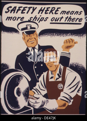 Questo poster propagandistico dell'era della seconda guerra mondiale sottolinea l'importanza delle misure di sicurezza per garantire che un maggior numero di navi possa lasciare il porto in sicurezza e contribuire allo sforzo bellico. Sottolinea la connessione tra la sicurezza sul fronte interno e il successo militare. Foto Stock