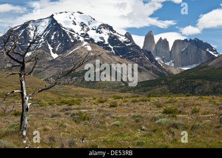 Vista delle ripide cime delle Torres del Paine montagne di granito, Parco Nazionale Torres del Paine, regione di Magallanes, Patagonia Foto Stock