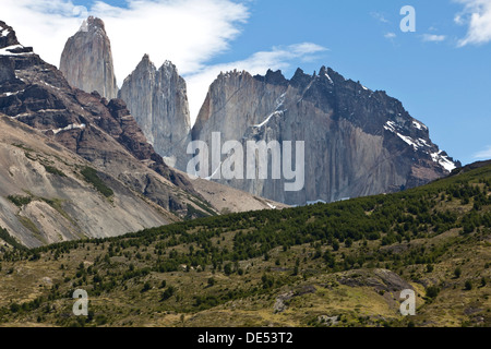 Vista delle ripide cime delle Torres del Paine montagne di granito, Parco Nazionale Torres del Paine, regione di Magallanes, Patagonia Foto Stock