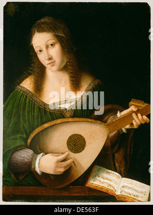 Signora giocando un liuto; Bartolomeo Veneto e workshop, italiano (Veneto), morto 1531, attivo 1502 - 1555; circa 1530; olio su pannello Foto Stock