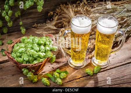 Birra fresca e coni di luppolo Foto Stock
