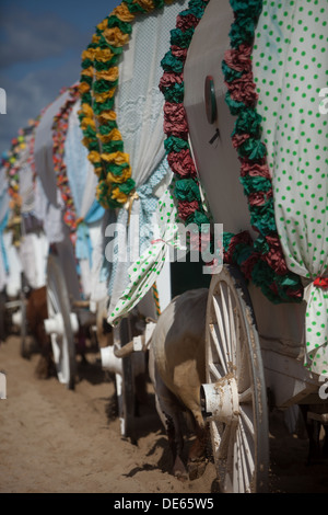 Carri trainati da buoi della Fraternità di Triana arrivare a El Rocio piccola villaggio, in Almonte, parco nazionale di Donana Foto Stock