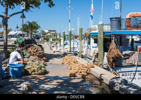 Spugna di smistamento del pescatore e insacco catture nel dock sul Dodecaneso Blvd. in Tarpon Springs, in Florida Foto Stock