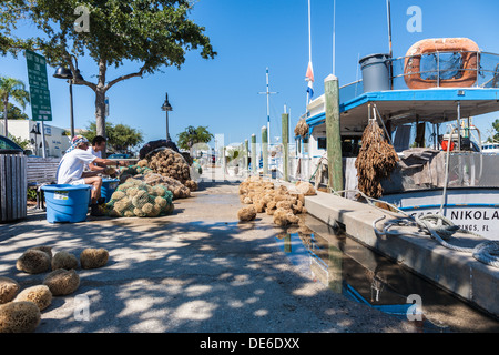 Spugna di smistamento dei pescatori e insacco catture nel dock sul Dodecaneso Blvd. in Tarpon Springs, in Florida Foto Stock