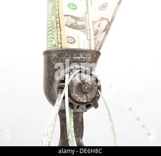 Un tritacarne rettifica fino US Dollar moneta note Foto Stock