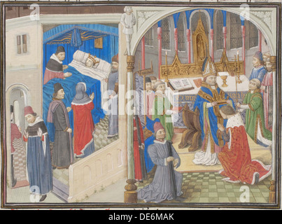 La morte di amalrico I di Gerusalemme. Incoronazione di Baldwin IV. Miniatura di Historia da Guglielmo di pneumatico, 1460s. Artista: Anonimo Foto Stock