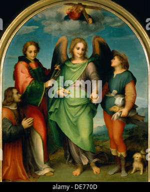 L Arcangelo Raffaele Con Tobias, St Lawrence e il donatore, Leonardo di Lorenzo Morelli, 1512. Artista: Andrea del Sarto (1486-1531) Foto Stock
