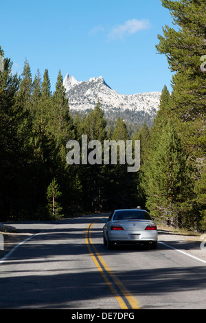 Autostrada 120 (Tioga road) scorre attraverso il Parco Nazionale di Yosemite alta del paese in prati Tuolumne su una calda giornata d'estate in 2013 Foto Stock