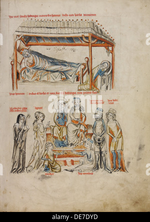 Heinrich dormendo e Edvige pregando. Heinrich e Edvige con i loro figli, 1353. Artista: workshop di corte del Duca Ludovico I di Liegnitz (attivo 1350- Foto Stock