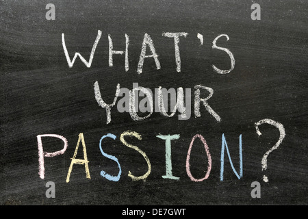 Qual è la vostra passione? Una frase scritta a mano sulla lavagna da gessi di colore Foto Stock